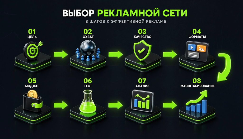 Схема выбора рекламной сети: 8 шагов от цели до масштабирования