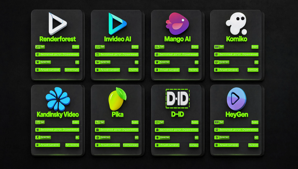 Сравнение восьми ключевых инструментов для анимации: Renderforest, Invideo AI, Mango AI, Komiko, Kandinsky Video, Pika, D-ID, HeyGen по параметрам: тип, бесплатный доступ, качество, лучший сценарий.