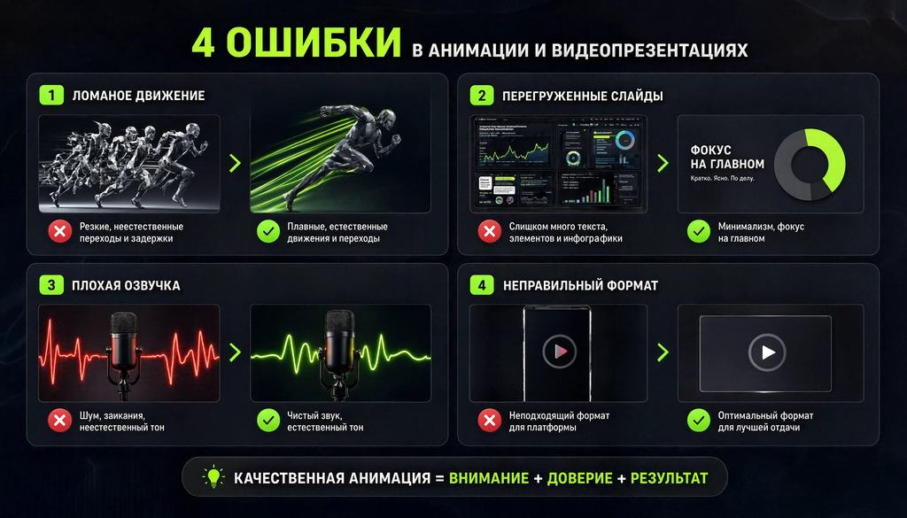 Сравнение до и после: четыре типичные ошибки при создании анимации и видеопрезентаций &mdash; ломаное движение, перегруженные слайды, плохая озвучка, неправильный формат