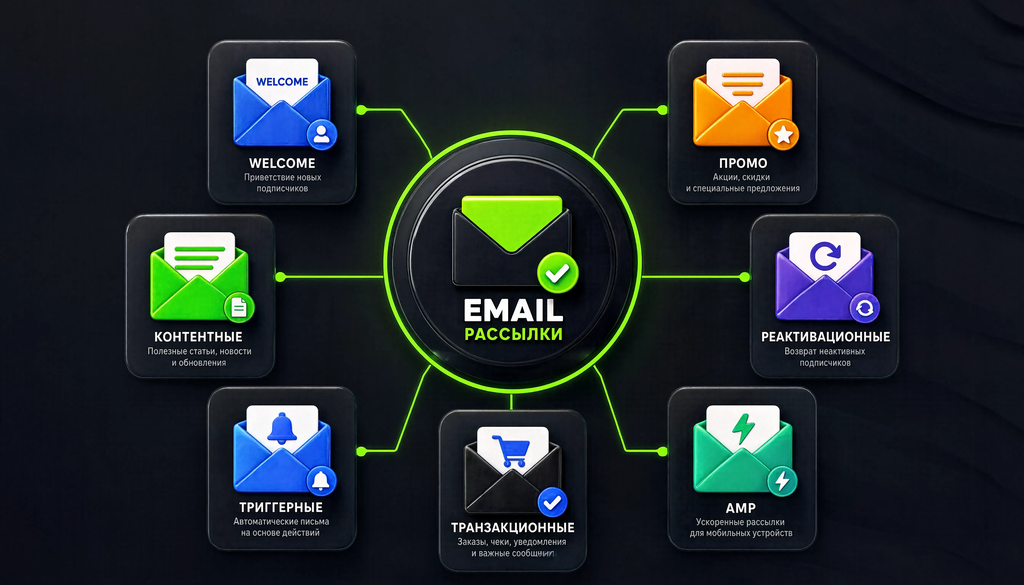 Семь видов email-рассылок с иконками и краткими описаниями: welcome, контентные, промо, триггерные, реактивационные, транзакционные, AMP