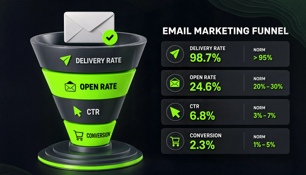 Infographic showing email marketing funnel stages with key metrics: delivery rate, open rate, click-through rate (CTR), and conversion rate, with benchmarks for each stage.