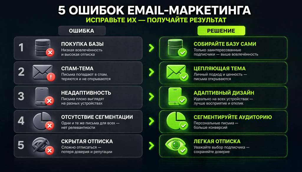 Пять типичных ошибок email-маркетинга: покупка базы, спам-тема, неадаптивность, отсутствие сегментации, скрытая отписка &mdash; исправление в формате до/после.