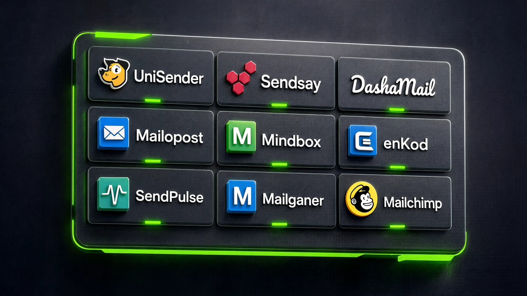 Сравнение девяти ключевых платформ email-маркетинга: UniSender, Sendsay, DashaMail, Mailopost, Mindbox, enKod, SendPulse, Mailganer, Mailchimp по типу, бесплатному тарифу, цене, сильной стороне, лучшему сценарию.