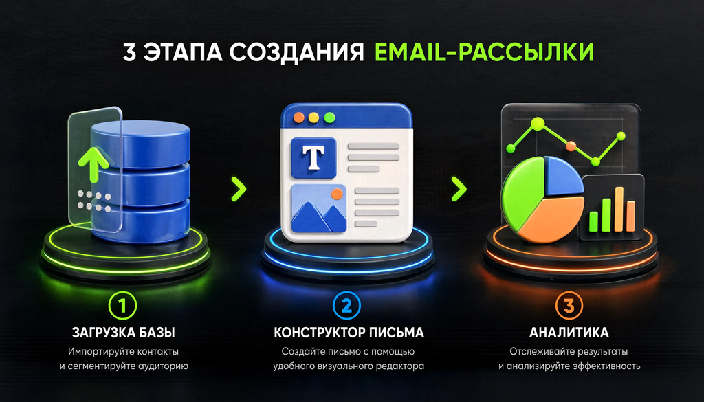 Инфографика: три шага создания рассылки - загрузка базы, конструктор письма, аналитика