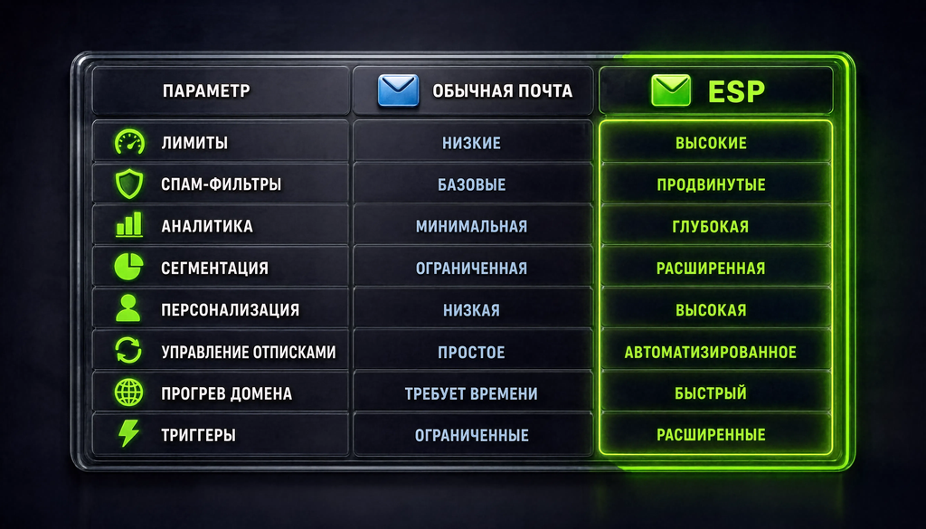 Сравнительная таблица обычной почты и ESP по параметрам: лимиты, спам-фильтры, аналитика, сегментация, персонализация, управление отписками, прогрев домена, триггеры.