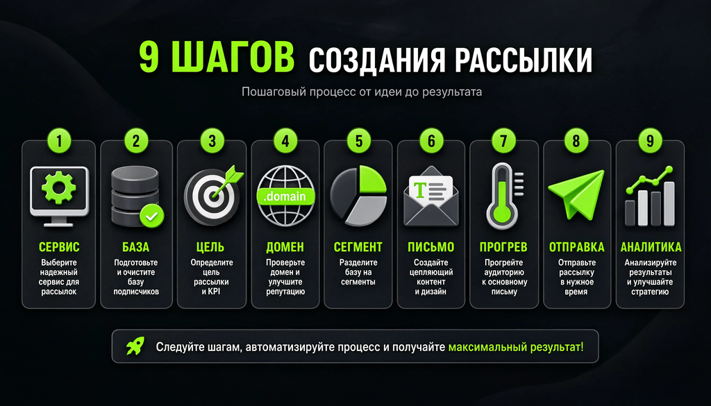 Инфографика 9 шагов создания рассылки: сервис, база, цель, домен, сегмент, письмо, прогрев, отправка, аналитика с иконками этапов