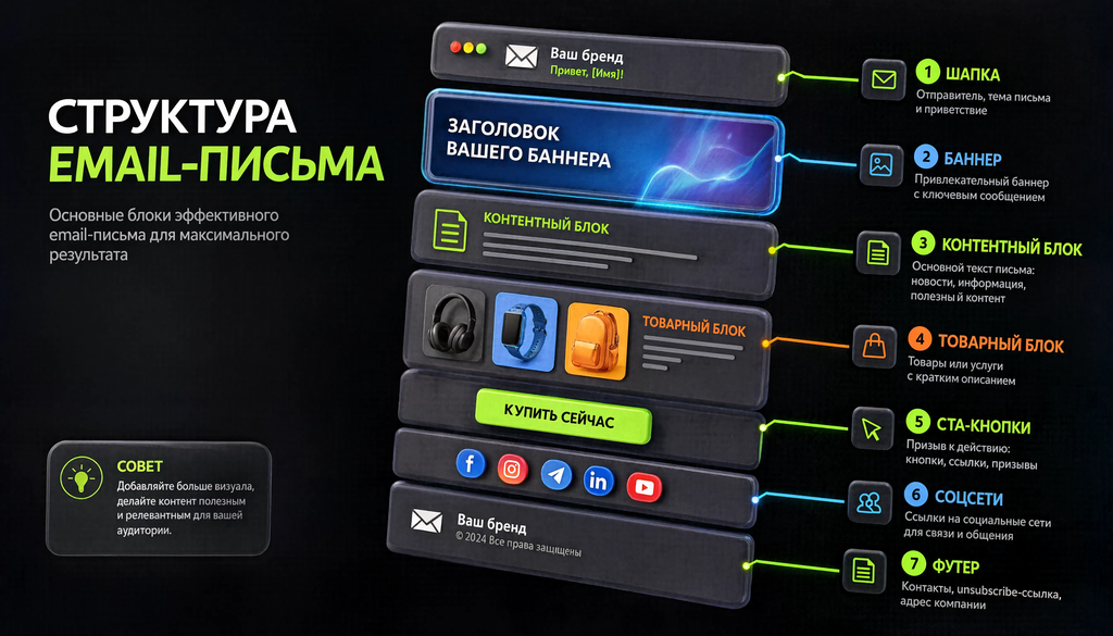 Схема структуры email-письма с подписанными блоками: шапка, баннер, контентный блок, товарный блок, CTA-кнопки, соцсети, футер