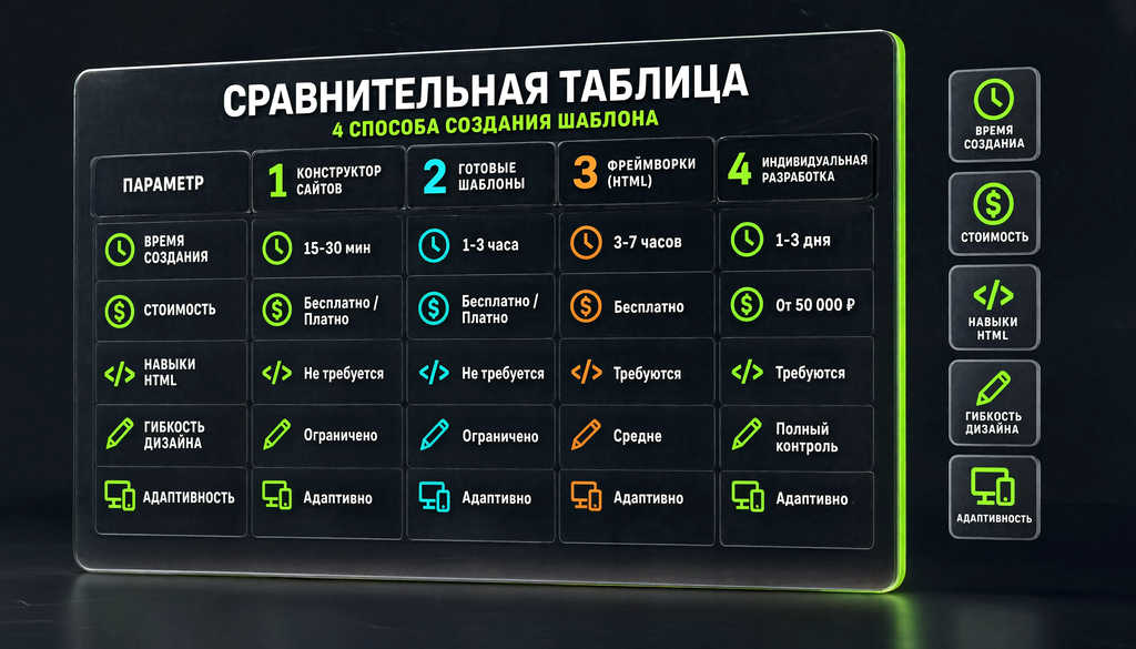 Сравнительная таблица способов создания шаблона по параметрам: время, стоимость, навыки HTML, гибкость дизайна, адаптивность