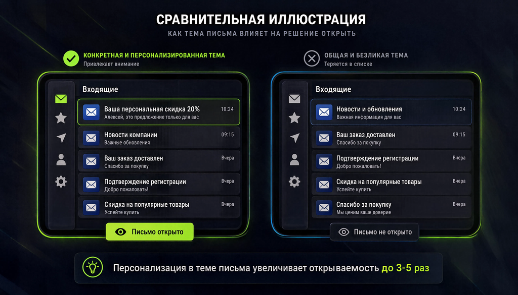 Сравнительная иллюстрацйя хороших и плохих тем писем в почтовом ящике, демонсрирующая влияние конк ретики и персон ализацйи на открітие писма.