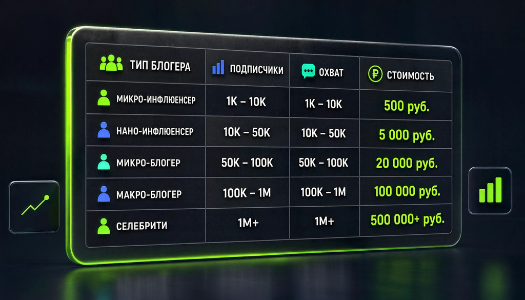 Таблица расценок блогеров: от микро (500 руб.) до селебрити (500 000+ руб.)