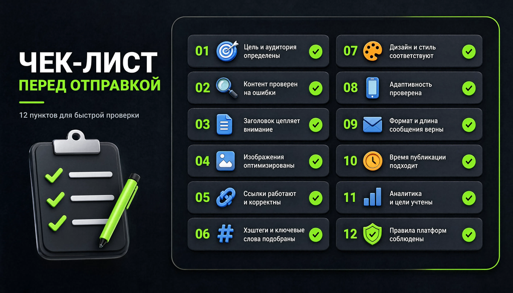 Инфографика чек-лист из 12 пунктов с иконками для быстрой проверки перед отправкой товара