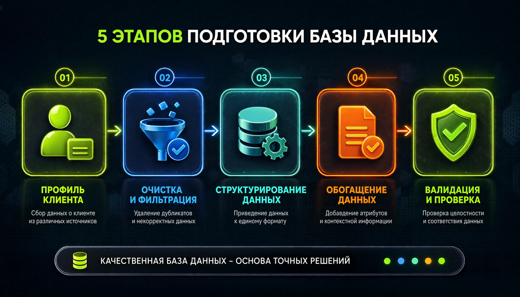 Схема процесса подготовки базы от профиля клиента до валидации: 5 этапов с подписями