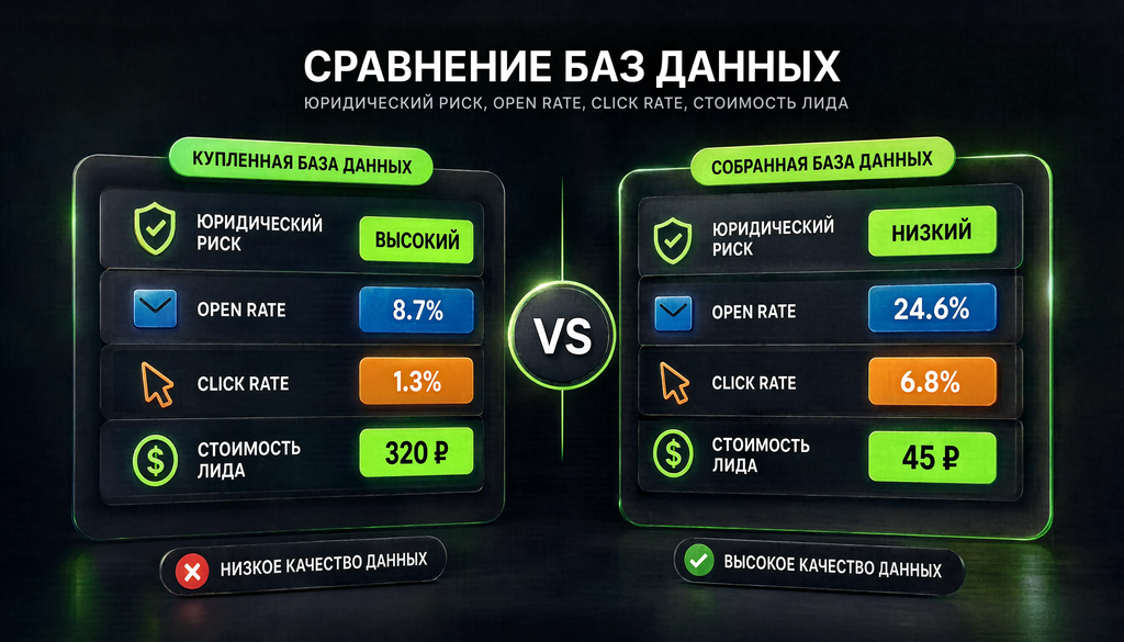 Сравнение купленной и собранной базы: юридический риск, open rate, click rate, стоимость лида. Покупка баз нерентабельна.