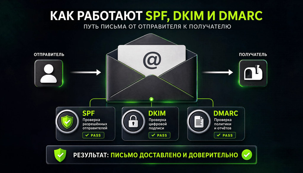 Схема работы SPF, DKIM и DMARC: проверка письма на каждом этапе