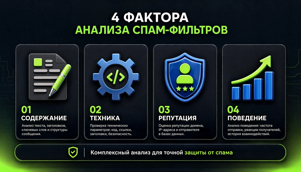 Инфографика факторов, анализируемых спам-фильтрами: содержание, техника, репутация, поведение