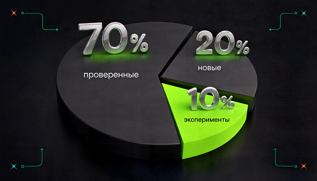 Схема распределения рекламного бюджета по правилу 70/20/10: 70% проверенные каналы, 20% новые, 10% эксперименты