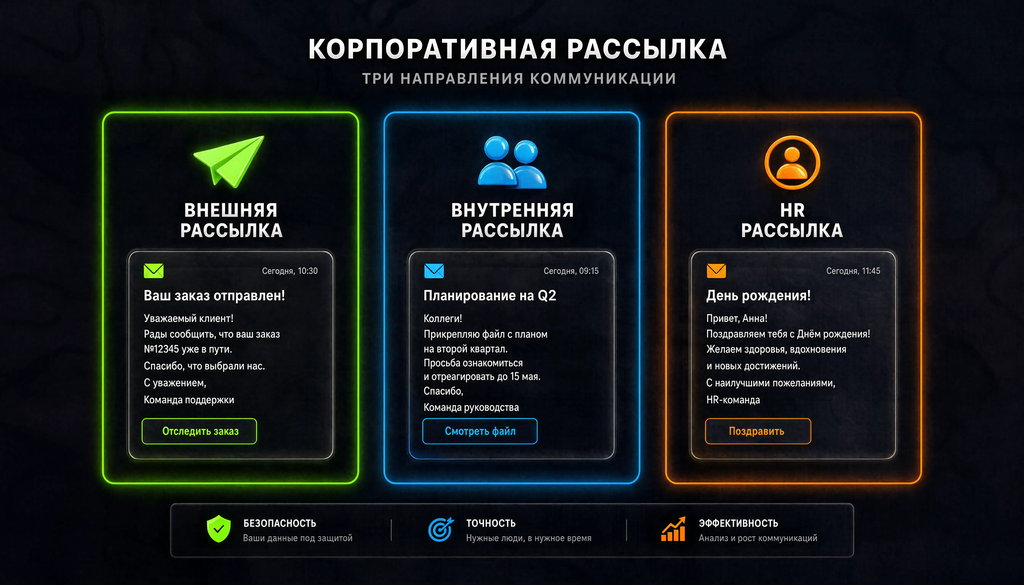 Схема трех направлений корпоративной рассылки: внешняя, внутренняя и HR, с примерами писем