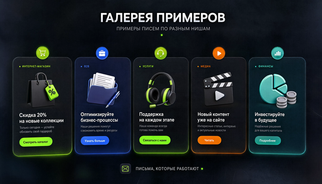 Примеры писем из разных ниш: интернет-магазин, B2B, услуги, медиа, демонстрирующие разницу в подаче и структуре.