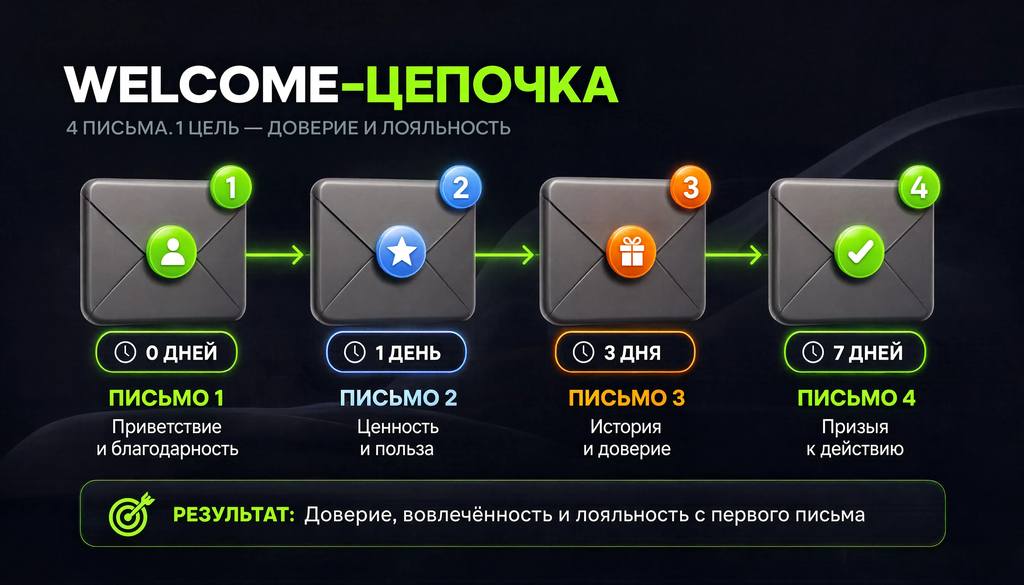 Схема приветственной цепочки из 4 писем с интервалами и содержанием