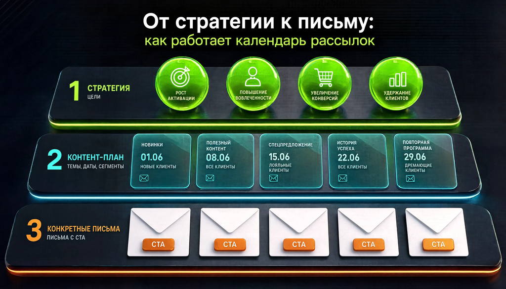 Инфографика: схема работы календаря рассылок от стратегии к контент-плану к конкретным письмам