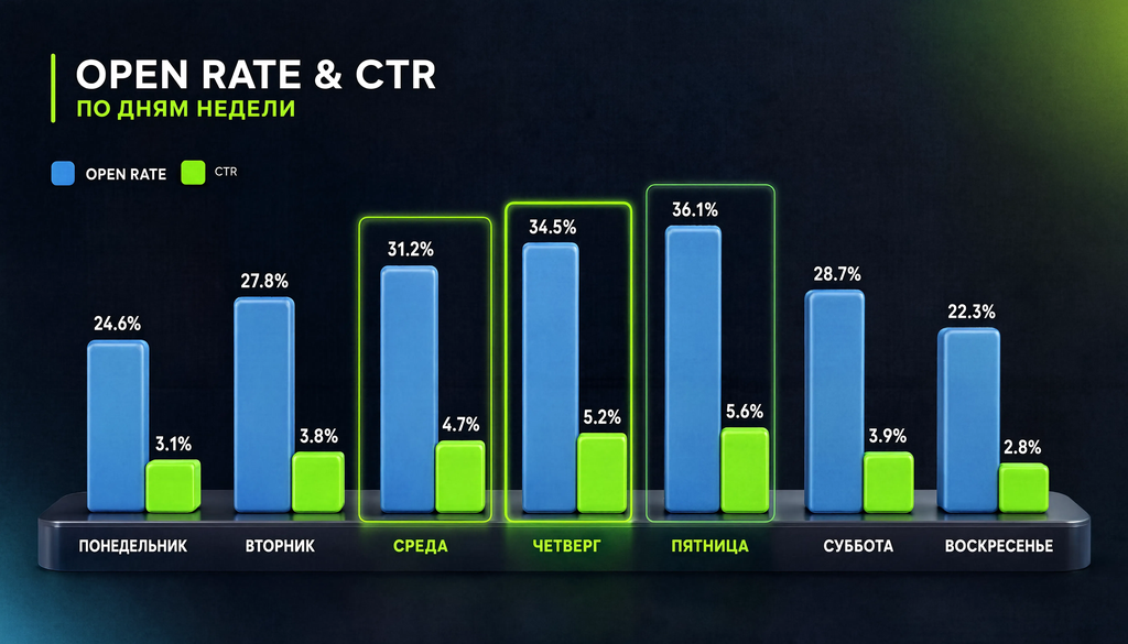 Сравнение open rate и CTR по дням недели с выделением топ-3 дней на основе данных Omnisend и Mailerlite