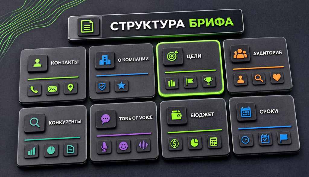 Структура брифа: контакты, о компании, цели, аудитория, конкуренты, tone of voice, бюджет, сроки.