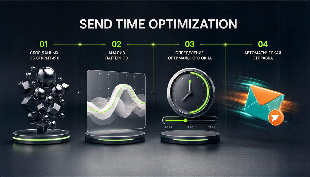 Схема работы Send Time Optimization: сбор данных об открытиях, анализ паттернов, определение оптимального окна, автоматическая отправка