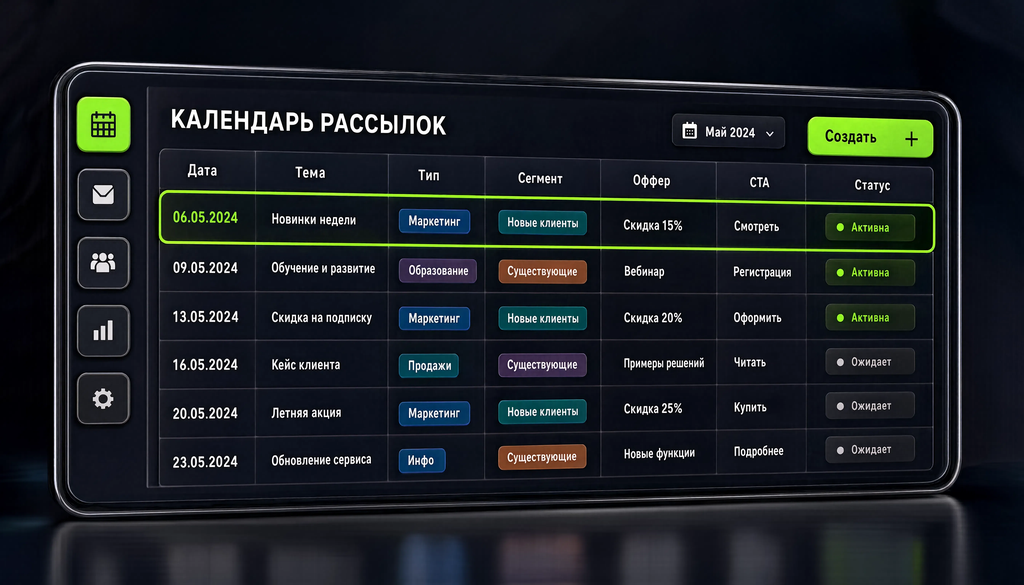 Пример контент-плана рассылок на неделю с колонками дата, тема, тип, сегмент, оффер, CTA, статус
