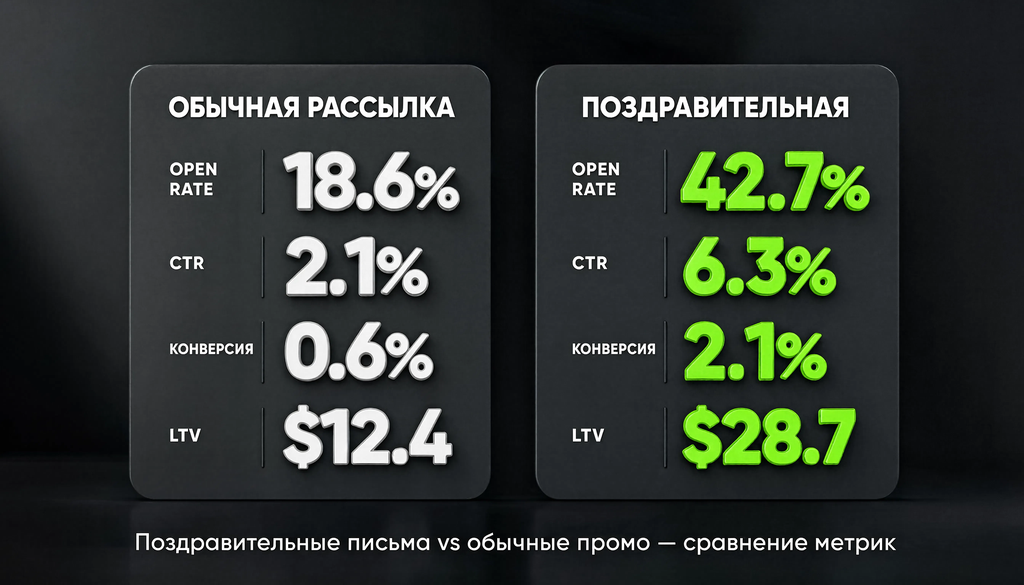 Сравнение метрик поздравительной рассылки и обычной промо-рассылки: open rate, CTR, конверсия, LTV