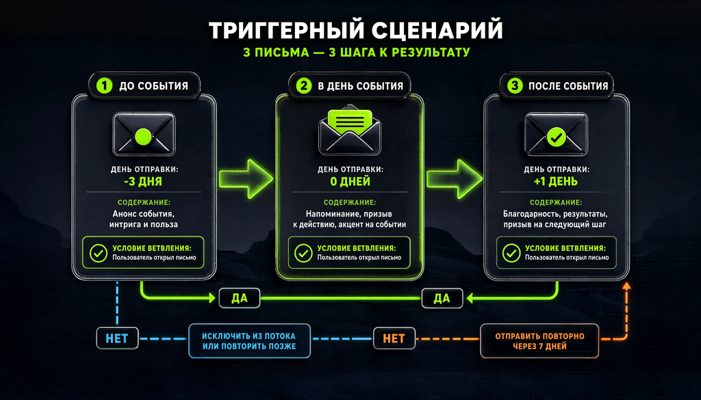 Схема триггерного сценария поздравительной рассылки из трех писем, показывающая этапы до, в день и после, с днями отправки, содержанием писем и условиями ветвления.