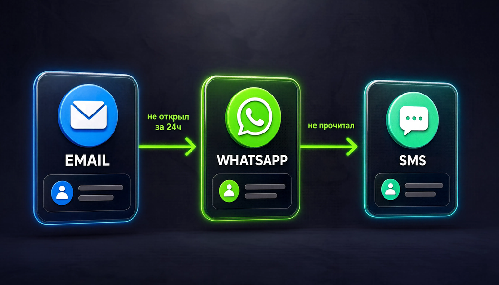 Схема каскадной рассылки: email, мессенджер, SMS с условиями по времени и открытию