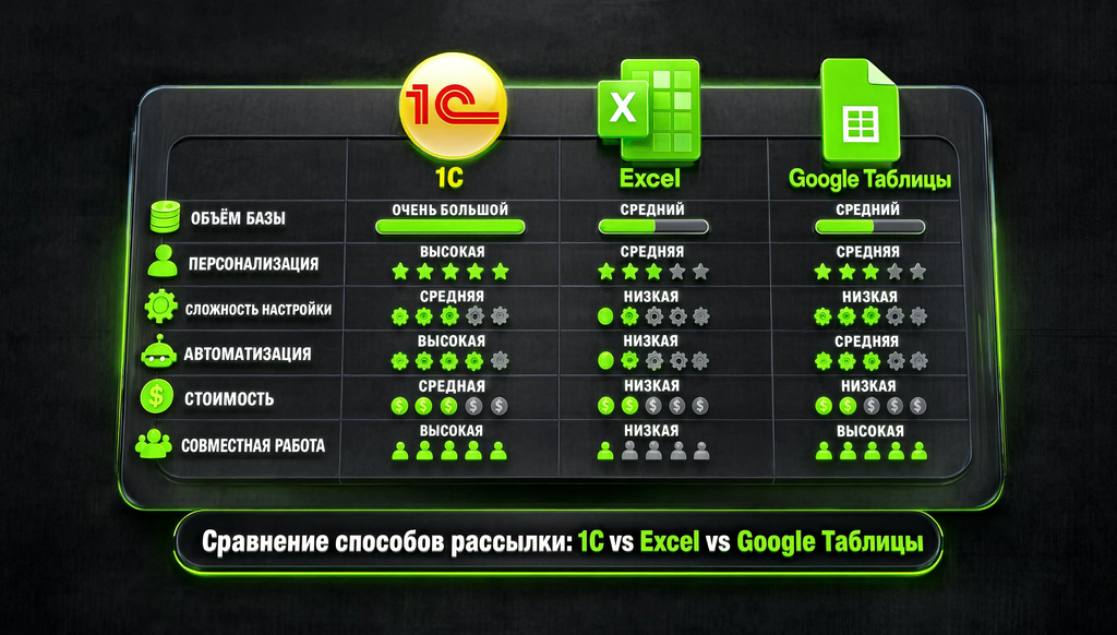 Сравнение трех способов рассылки: 1С, Excel и Google Таблицы по ключевым критериям