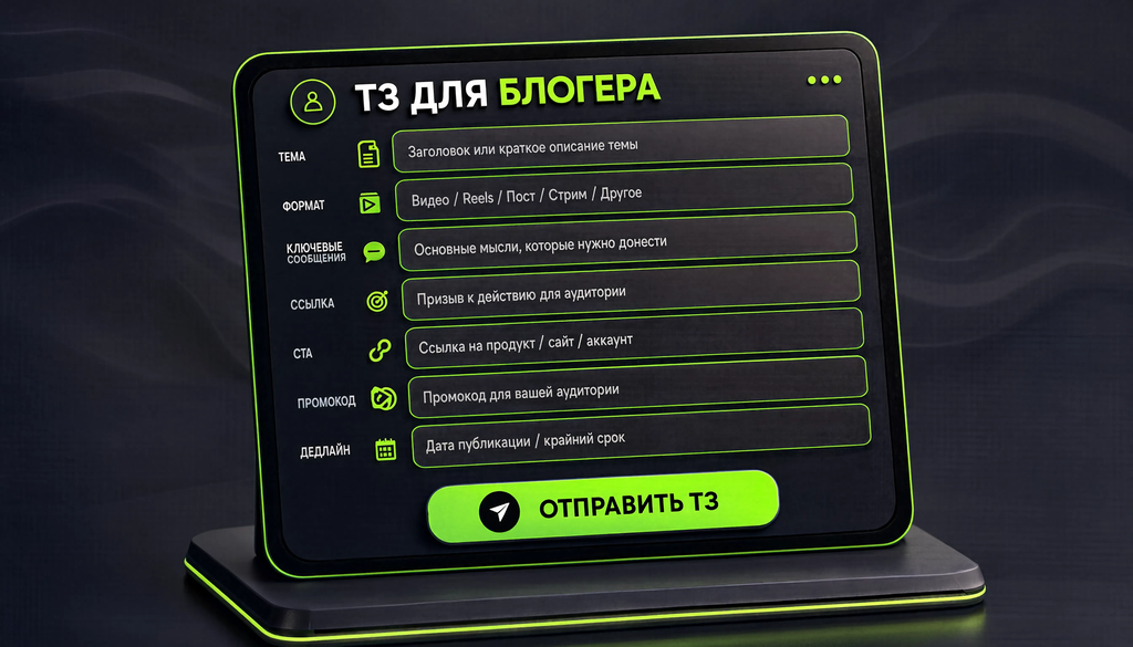 Шаблон технического задания для блогера с полями: тема, формат, ключевые сообщения, CTA, ссылка, промокод, дедлайн.