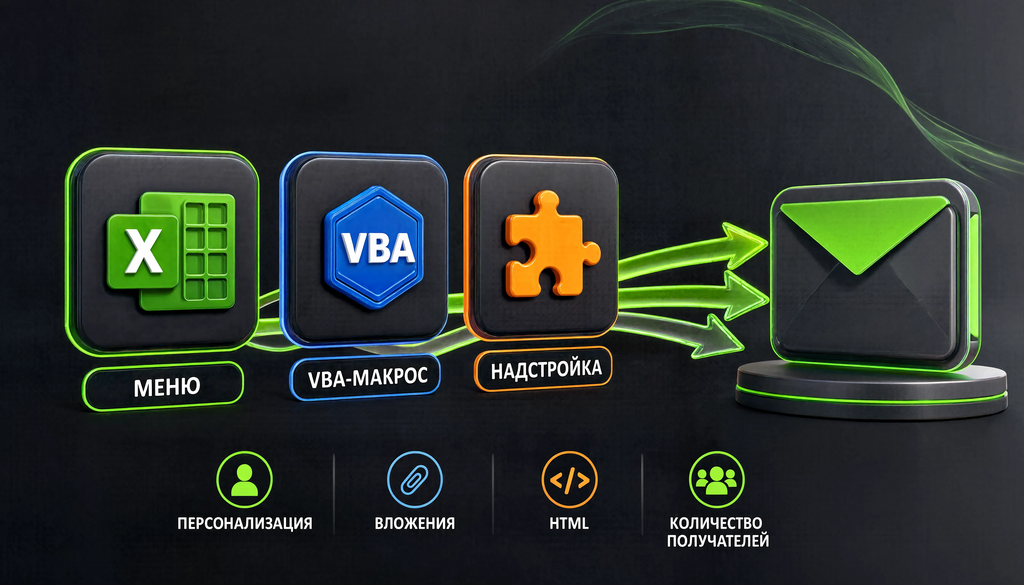 Три способа рассылки из Excel: меню, VBA, надстройки.