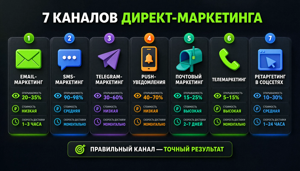Infographic showing 7 direct marketing channels with icons and key characteristics: open rate, cost, delivery speed.