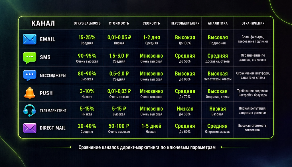 Сравнение каналов директ-маркетинга по ключевым параметрам