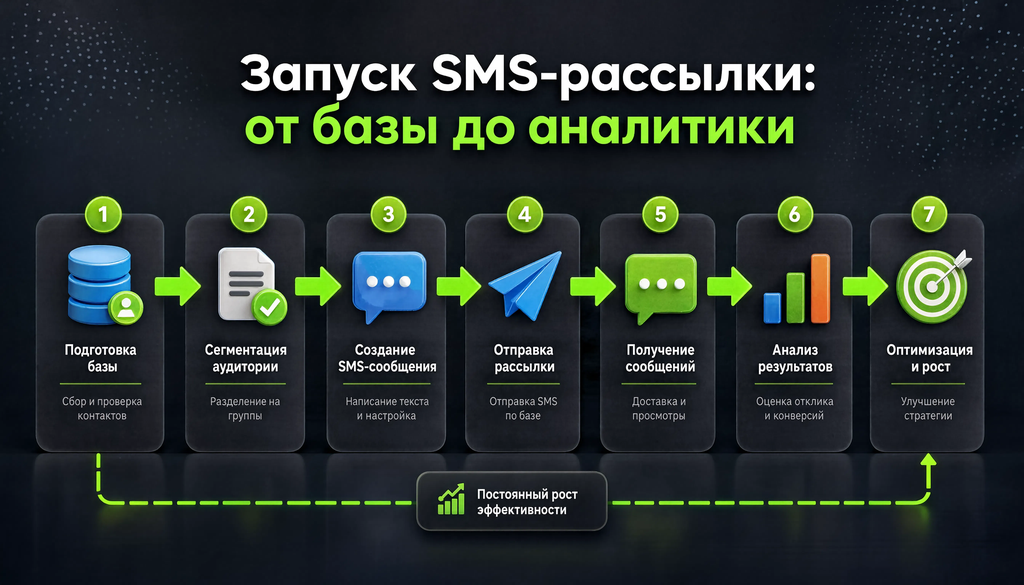Пошаговая схема запуска SMS-рассылки: от базы до аналитики, 7 этапов с иконками и описаниями