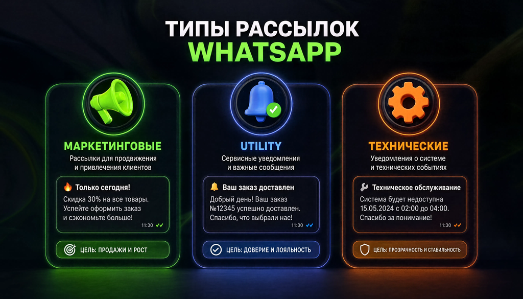 Инфографика с тремя типами рассылок в WhatsApp Business: маркетинговые, utility и технические, с примерами сообщений.