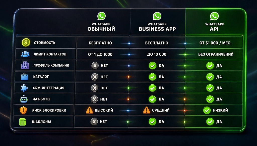 Сравнительная таблица обычного WhatsApp, WhatsApp Business и WhatsApp Business API: стоимость, лимит контактов, профиль компании, каталог, CRM-интеграция, чат-боты, риск блокировки, шаблоны.