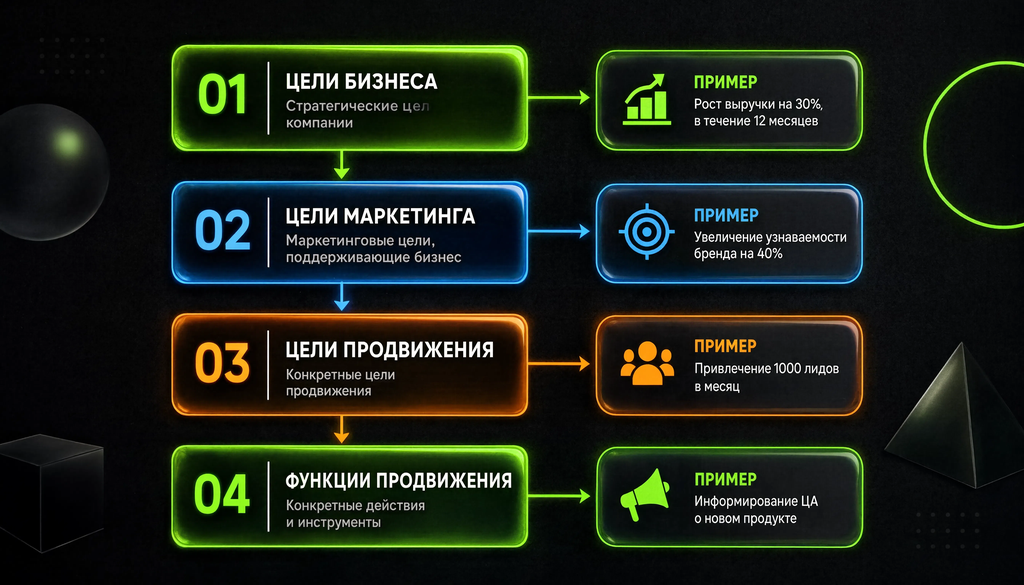 Инфографика иерархии планирования: цели бизнеса, маркетинга, продвижения и функции продвижения с примерами