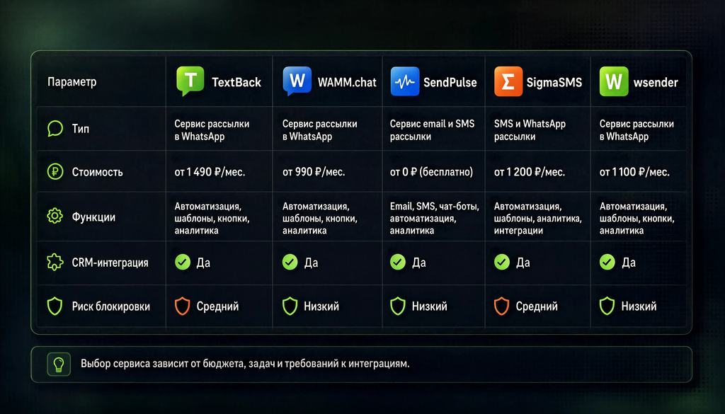 Сравнение сервисов для рассылки в WhatsApp: TextBack, WAMM.chat, SendPulse, SigmaSMS, wsender - таблица с параметрами стоимости, функций, CRM-интеграции и риска блокировки