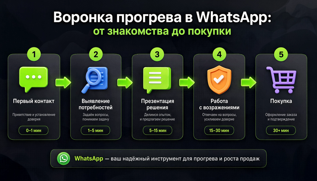 Воронка прогрева в WhatsApp: от знакомства до покупки, 5 этапов с описаниями и временными интервалами