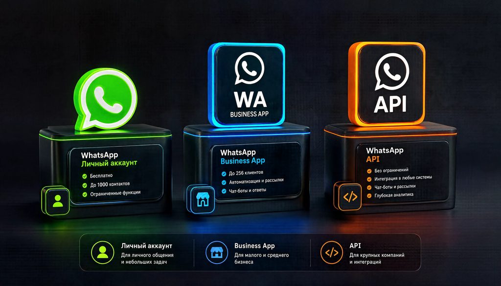 Три уровня WhatsApp для бизнеса: личный аккаунт, Business App, API - сравнение параметров