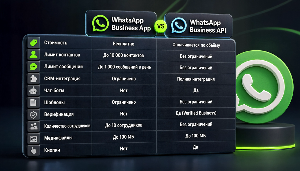 Сравнительная таблица WhatsApp Business App и WhatsApp Business API: стоимость, лимит контактов, лимит сообщений, CRM-интеграция, чат-боты, шаблоны, верификация, количество сотрудников, медиафайлы, кнопки.