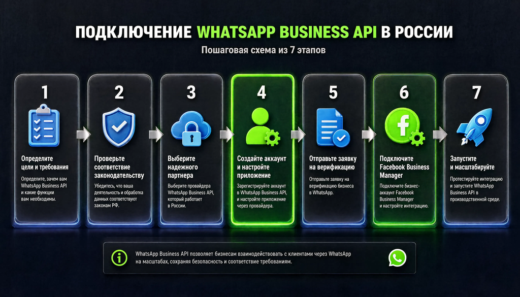 Пошаговая схема подключения WhatsApp Business API в России с 7 этапами, указанием провайдера и Facebook Business Manager