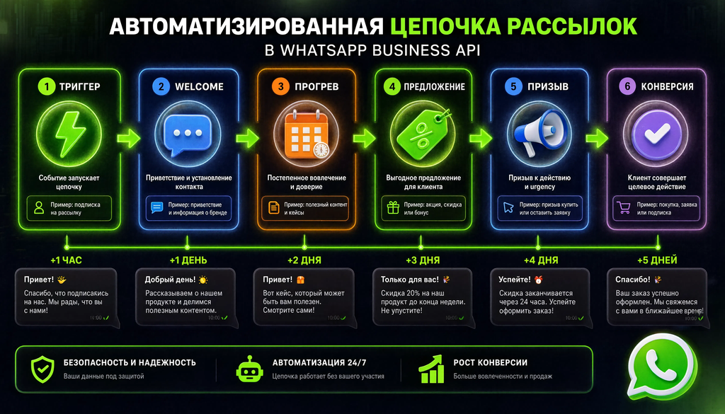 Схема автоматизированной воронки рассылок в WhatsApp Business API: от триггера до конверсии, этапы и временные интервалы