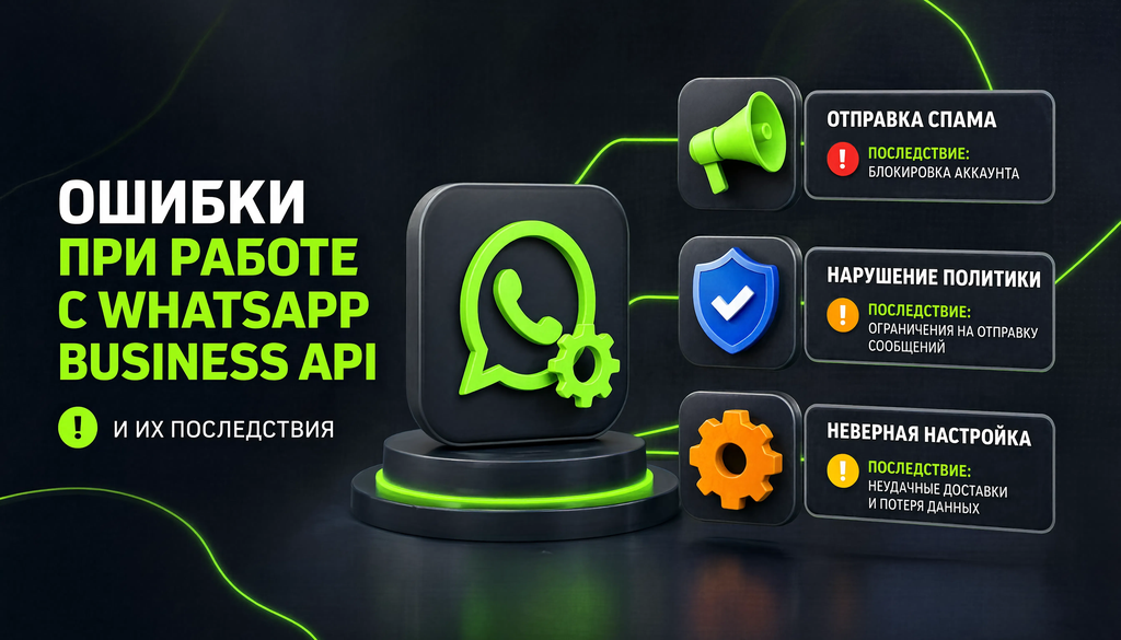 Инфографика с типичными ошибками при работе с WhatsApp Business API и их последствиями, помогающая избежать блокировок