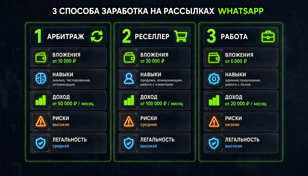 Сравнение трех способов заработка на рассылках в WhatsApp: арбитраж, реселлер, работа – таблица с вложениями, навыками, доходом, рисками и легальностью