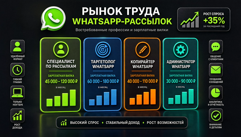 Инфографика о вакансиях в сфере WhatsApp-рассылок: зарплатные вилки для 4 должностей, ключевые навыки, статистика удаленной работы и роста спроса