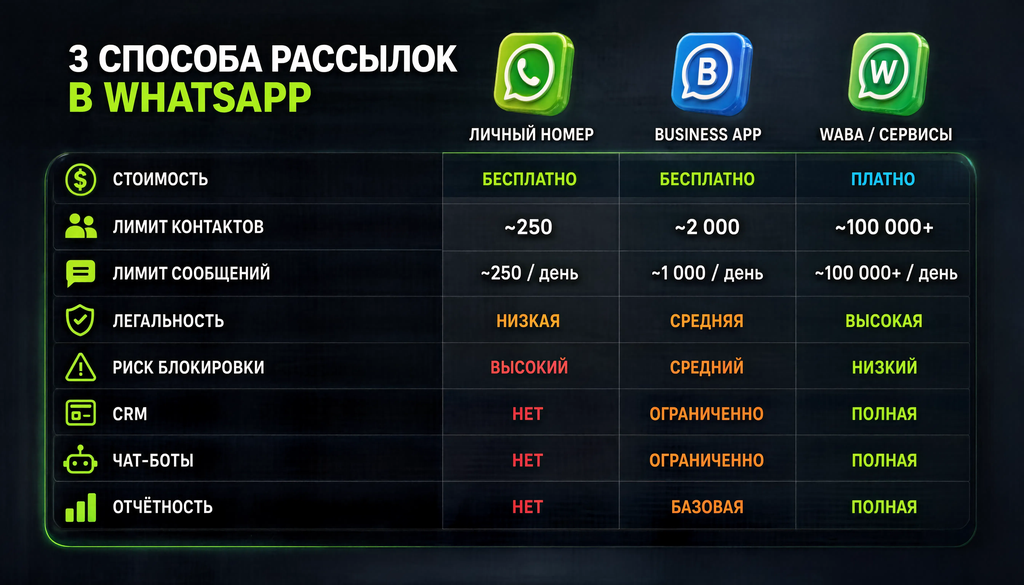 Три способа рассылок в WhatsApp: сравнение. Таблица с колонками личный номер, Business App, WABA/сервисы и строками стоимость, лимит контактов, лимит сообщений, легальность, риск блокировки, CRM, чат-боты, отчётность.
